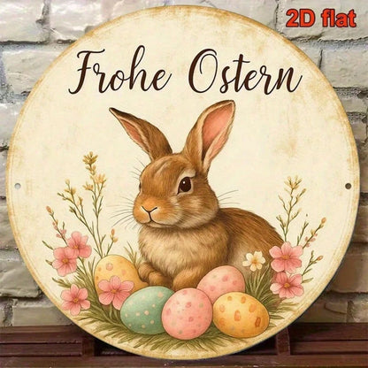 Vintage German Easter Bunny Metal Sign 8 Inch Round Aluminum Plaque - view 3