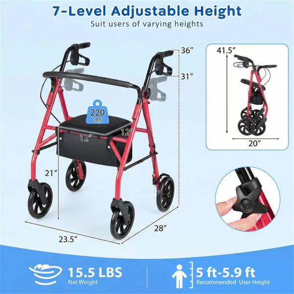 2-in-1 Rollator Walker With Seat (Red), 8-Inch Large Wheels & Versatile Braking System, Adjustable Height - view 4