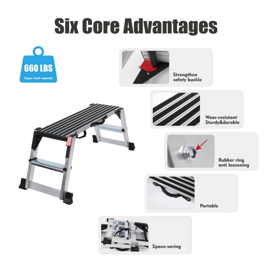 Folding Work Platform, Aluminum Drywall Stool Ladder, 660 Lbs Load Capacity Heavy Duty Work Bench W Non-Slip Feet - view 9