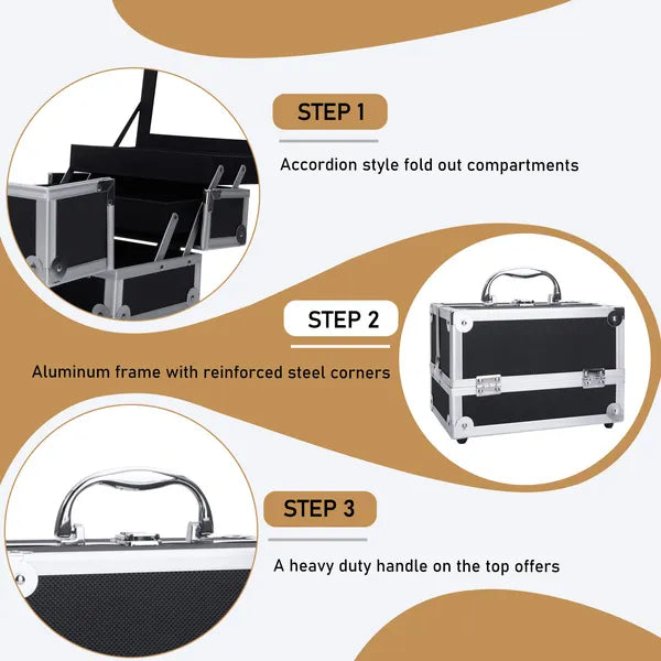 Portable Diamond Texture Aluminum Makeup Storage Bag With Mirror & Key Black - view 6