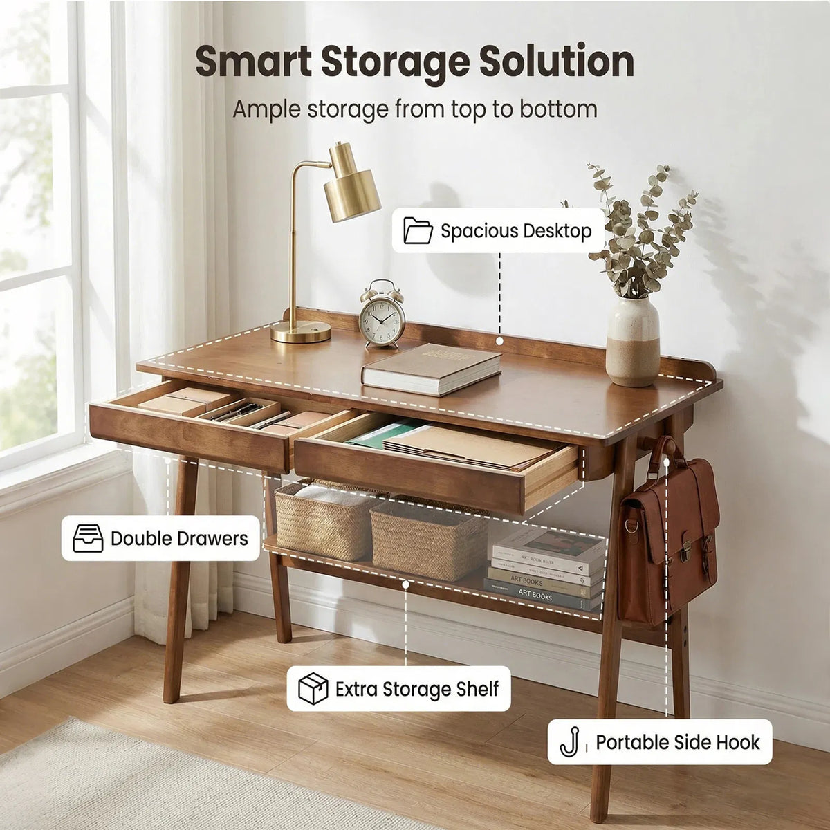 Solid Wood Writing Desk, Home Office Desk for Small Spaces, Mid Century Modern Desks with 2 Drawers & Storage Shelf - view 4