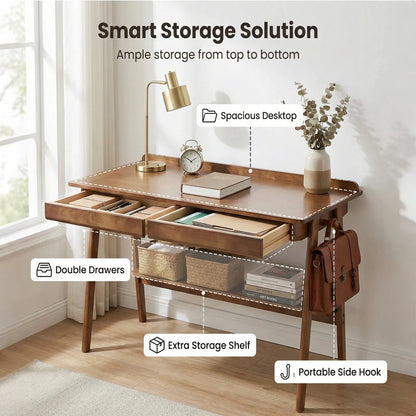 Solid Wood Writing Desk, Home Office Desk for Small Spaces, Mid Century Modern Desks with 2 Drawers & Storage Shelf - view 4