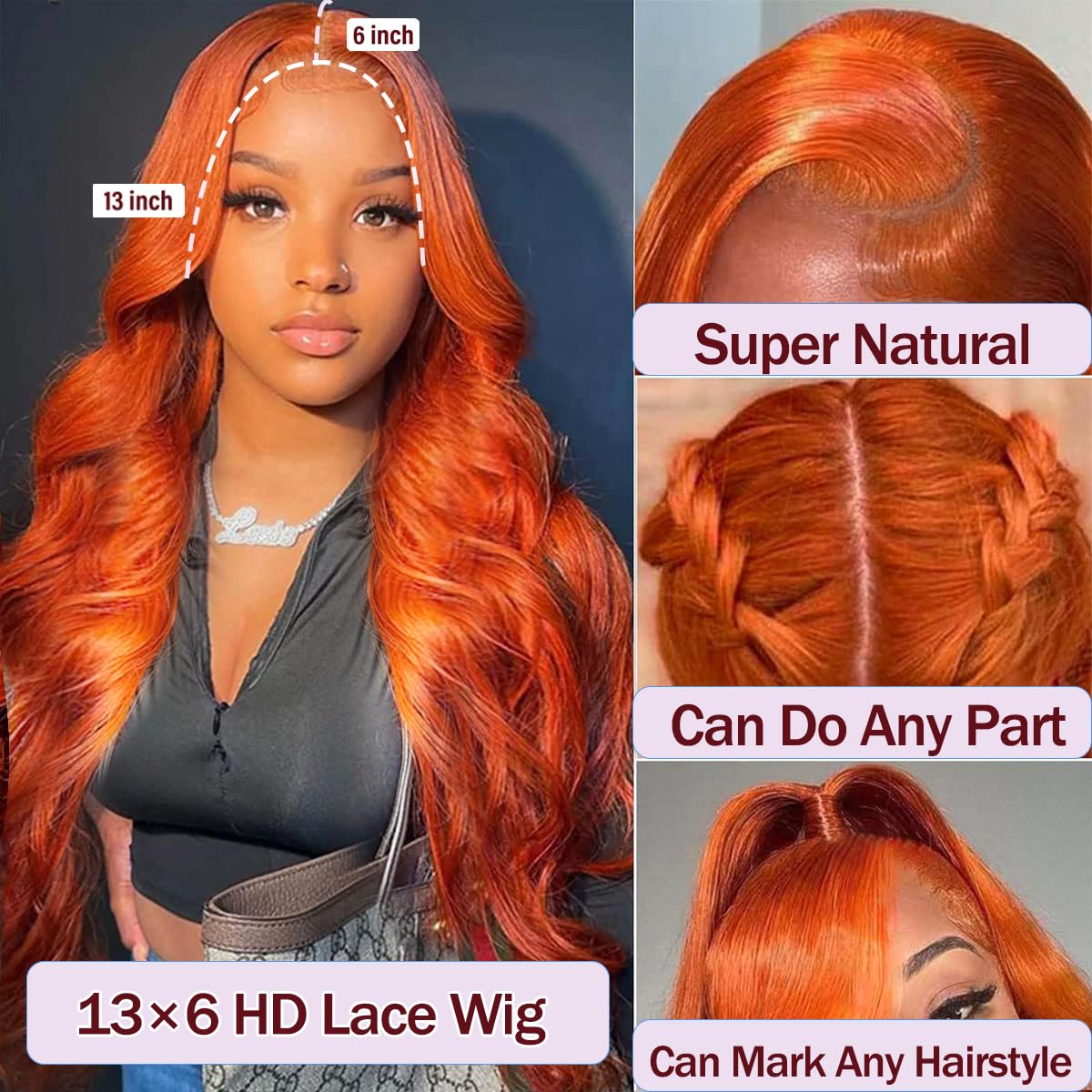 13x6 Lace Front Human Hair Wig Body Wave, Ginger Yellow, Density - view 3