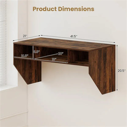 Rustic Brown Wall-Mounted Floating Computer Desk With 3-Cube Storage, Sturdy Wooden Workstation For Home Office - view 2