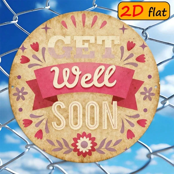 1pc Get Well Soon Gift, " Round Aluminum" Aluminum Wall Plaque, Plaque, Pink & Beige Floral & Hearts Design - view 5