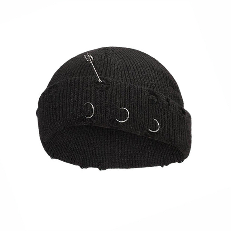 Iron Ring Pin Ripped Knit Beanie - view 6