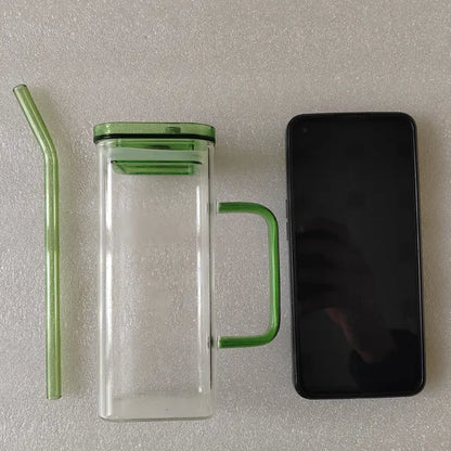 1 Pcs Blue Glass Straw Cup, 6 Colors Square Glass Cup With Straw And Lid, High Borosilicate Glass Cup, Milk Cup - view 3