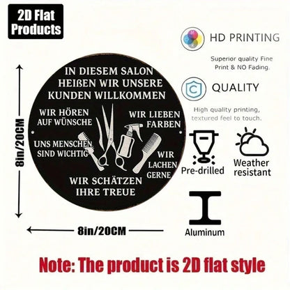 1pc Vintage German & French Welcome Sign, 8-Inch Round Hair Salon Wall Decor With Barber Pole Scissors & Comb Design - view 3