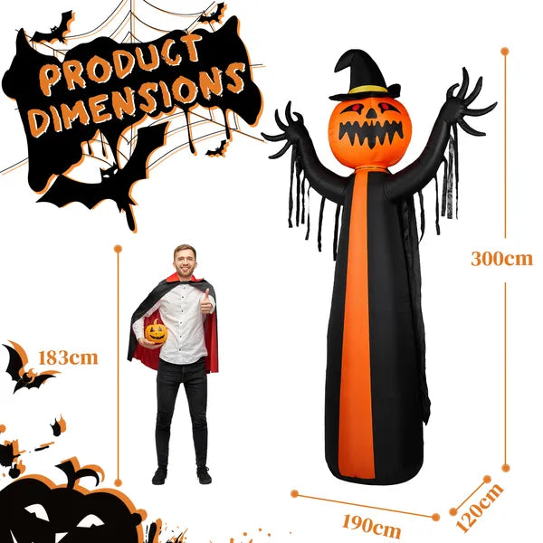 10ft Inflatable Halloween Decor With Rotatable Head Pumpkin Ghost In Cape, 6 Built-in LED Lights, Black & Orange - view 3