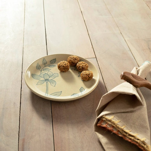 Off-White Round Ceramic Floral Print Side Plate Elegant Dining Accent For Any Table