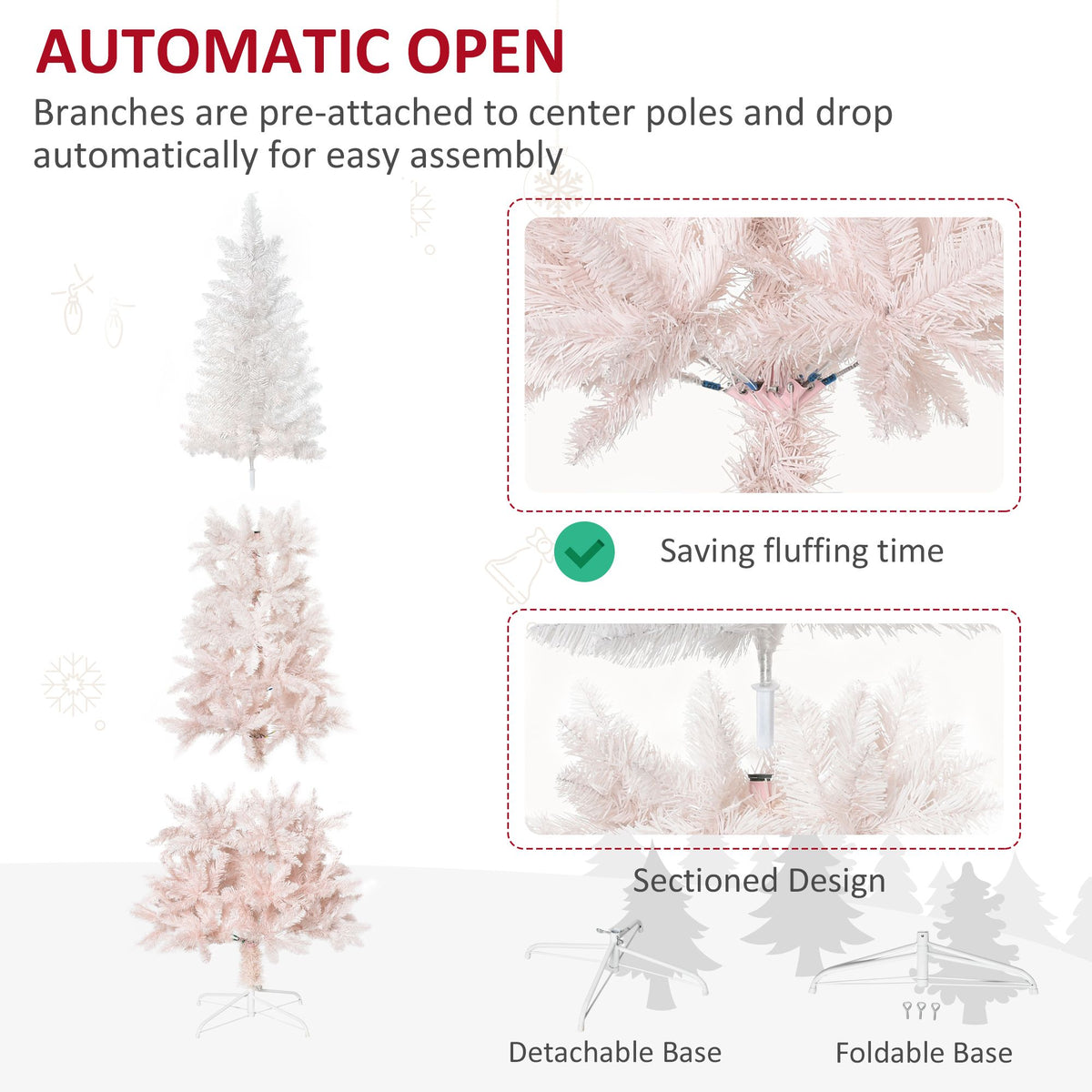 7ft Pencil Artificial Christmas Tree With Pine Realistic Branches, Auto Open, Pink And White - view 2