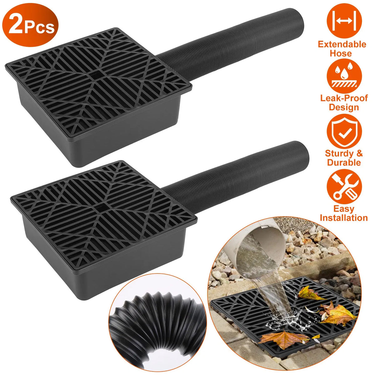2Pcs 4.9FT Flexible Extendable Hose Gutter Downspout Extension Low Profile No Deep Digging Catch Basin Downspout