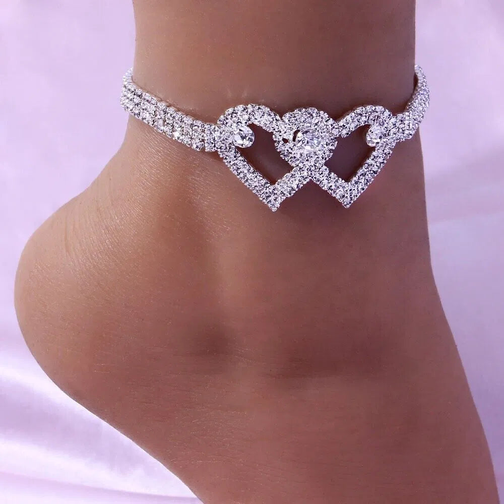 Double Heart Anklet Bracelet Love Barefoot Chain Bling Crystal Ankle Bracelet US - view 8