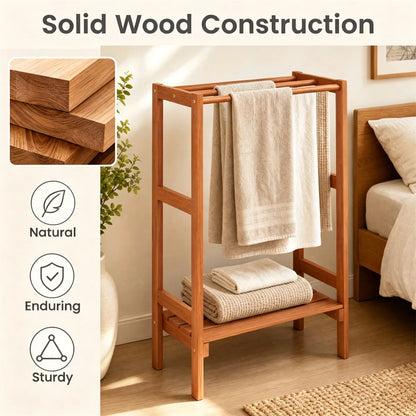 Natural Hardwood Towel Rack, Freestanding Blanket Stand with 3 Hanging Bars & Bottom Storage Shelf - view 9