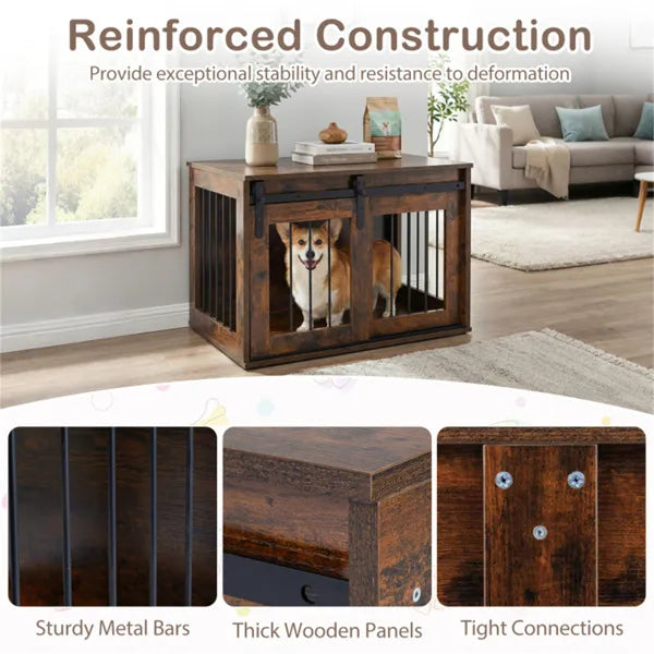 31.5" Dog Crate Furniture With Sliding Barn Door, Wooden Dog Kennel End Table For Indoor Use - Rustic Brown - view 3
