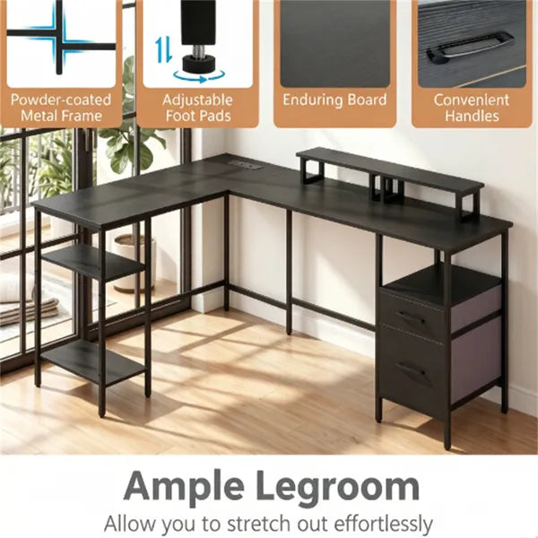 L-Shaped Corner Desk With Charging Station, Reversible Monitor Stand & Foldable Fabric Drawers - view 4
