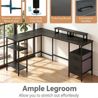 L-Shaped Corner Desk With Charging Station, Reversible Monitor Stand & Foldable Fabric Drawers - view 4