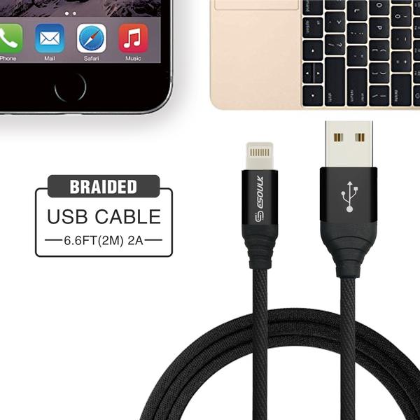 Esoulk 2A Heavy Duty Braided USB Lightning Cable 2M (6.6f) Black