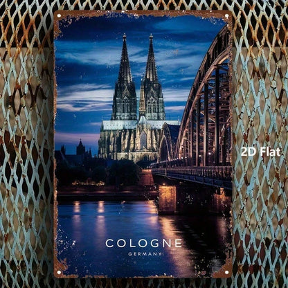 Vintage Cologne Cathedral Metal Sign 8x12 Inch, Iron Bridge Night Scene Wall Art - view 3