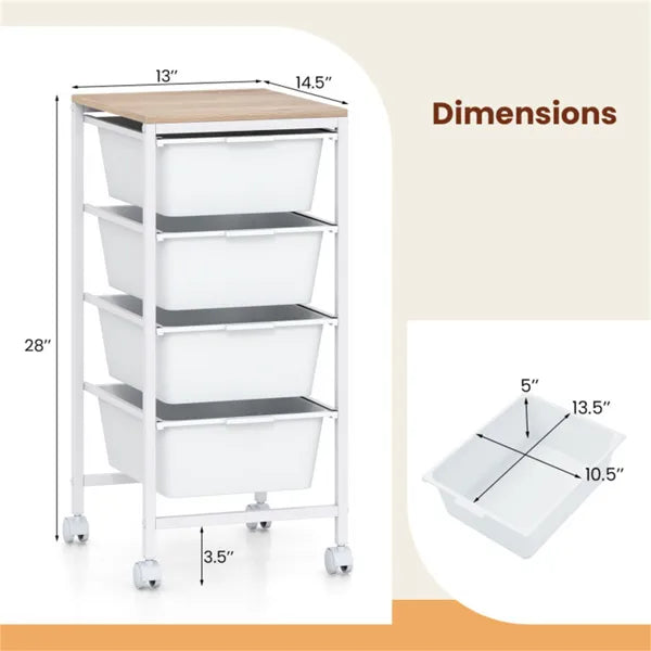 4-Drawer Rolling Storage Cart, Mobile Utility Organizer With MDF Wooden Top (Natural) - view 2
