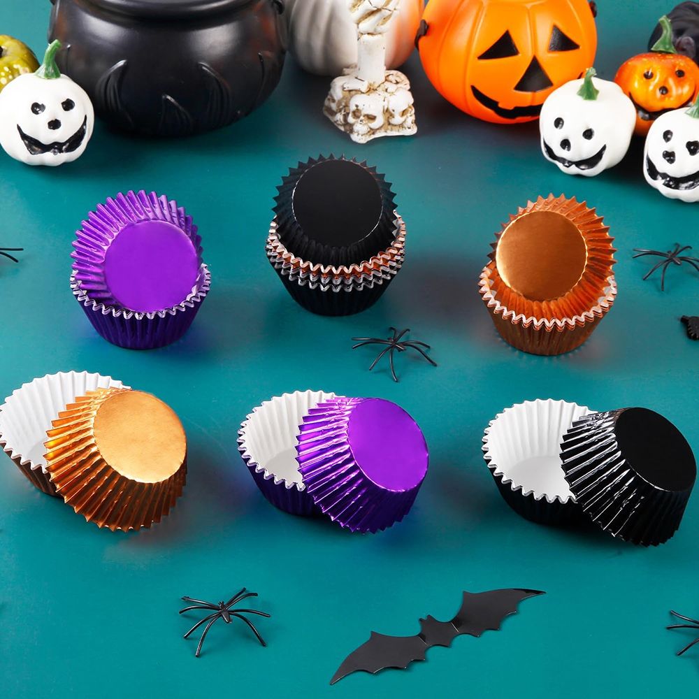 300 Pcs Halloween Foil Cupcake Liners Black Purple Orange Foil Metallic Cupcake Wrappers Halloween Party Standard - view 2