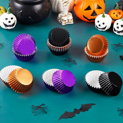 300 Pcs Halloween Foil Cupcake Liners Black Purple Orange Foil Metallic Cupcake Wrappers Halloween Party Standard - view 2