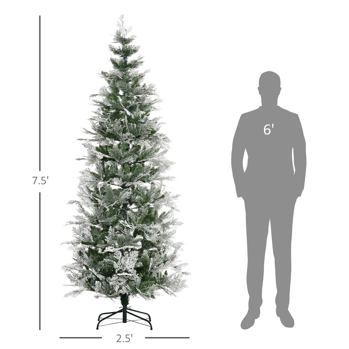 7.5 Feet Pencil Snow Flocked Artificial Christmas Tree With 880 Realistic Cypress Branches, Auto Open, Green - view 5
