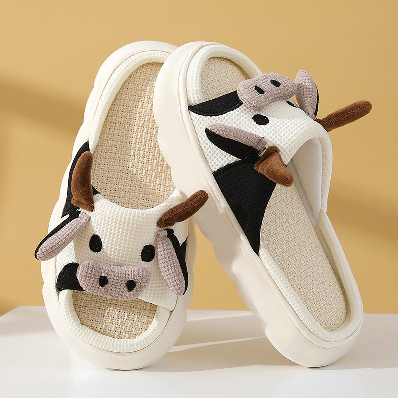 Cute Cartoon Cow Frog Slippers Linen Non-slip Shoes Indoor Garden Home Slippers - view 5