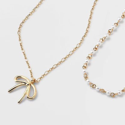 14/16" Acrylic Pearl & Bow Necklace Set 2 Pc - Gold - view 3