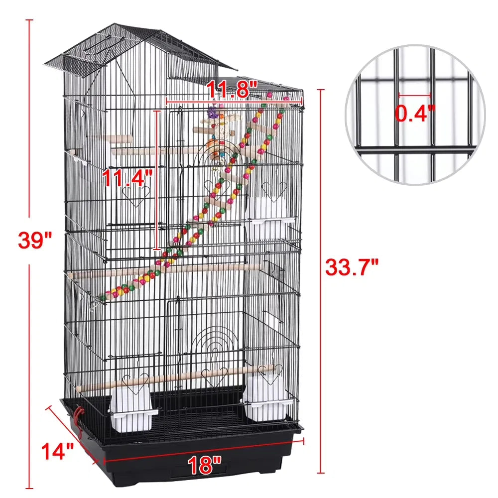 39" H Metal Bird Cage Large Roof Top Huge House for Small Birds, Black - view 5