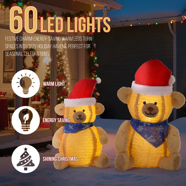Set Of 2 Lighted Plush Bear Christmas Decorations, Pre-lit Pull Up Holiday Decor With 60 Warm White LED Lights For Xmas - view 9