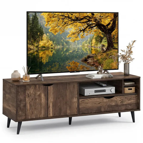 59" Rustic TV Stand For 65-inch TVs, Media Console With Cabinet, Drawer & 3 Open Shelves
