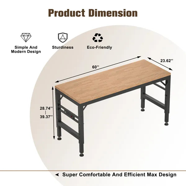60" Adjustable Height Workbench, Rubber Wood Top Heavy duty Workstation with Power Outlets - view 2