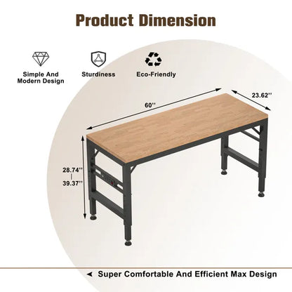 60" Adjustable Height Workbench, Rubber Wood Top Heavy duty Workstation with Power Outlets - view 2