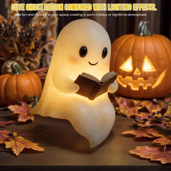 Cute Ghost Reading Book Lamp Halloween Gifts Light Up Ghost Statue Night Light Ghost Warm Lighted Indoor Figurine House - view 3