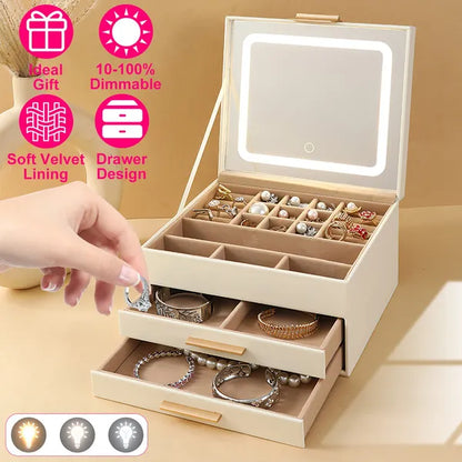 Jewelry Box With LED Mirror 3-Layer Jewelry Organizer With 2 Drawers PU Jewelry Holder With 3 Mirror Light Colors - view 2