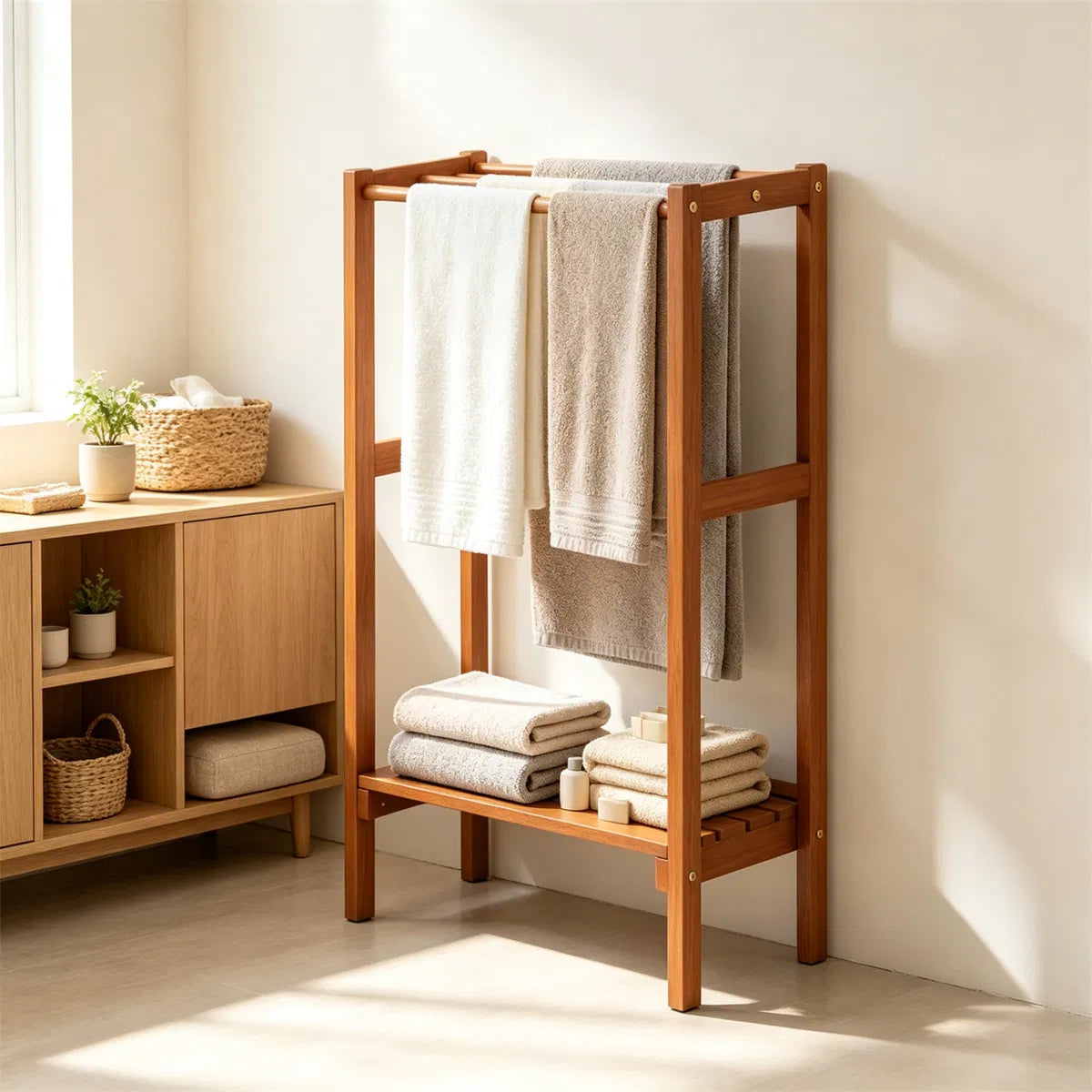 Natural Hardwood Towel Rack, Freestanding Blanket Stand with 3 Hanging Bars & Bottom Storage Shelf - view 8