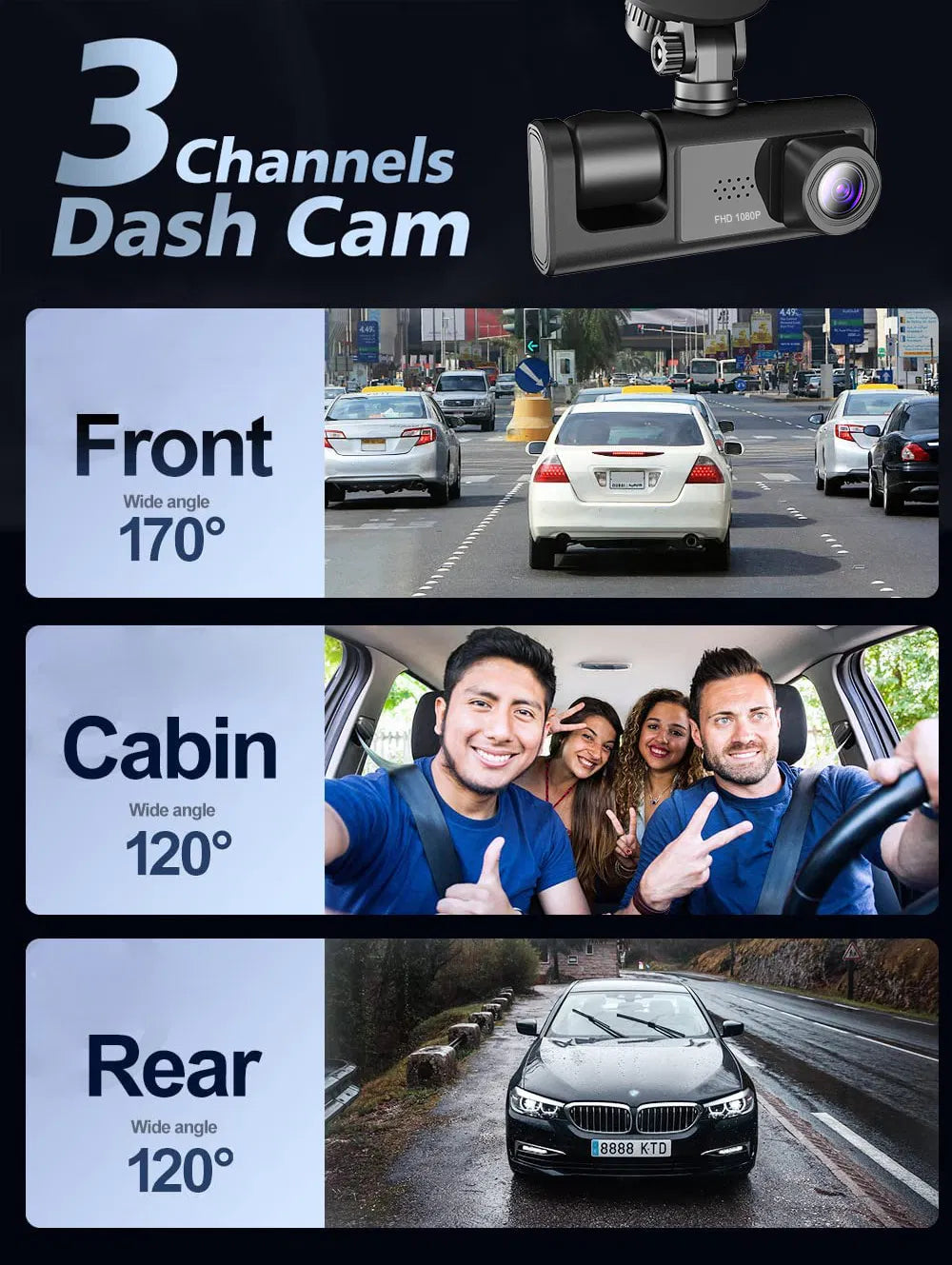 Car Dual Lens Dash Cam HD 1080P Front Rear Inside Video Recorder Camera G-Sensor - view 7