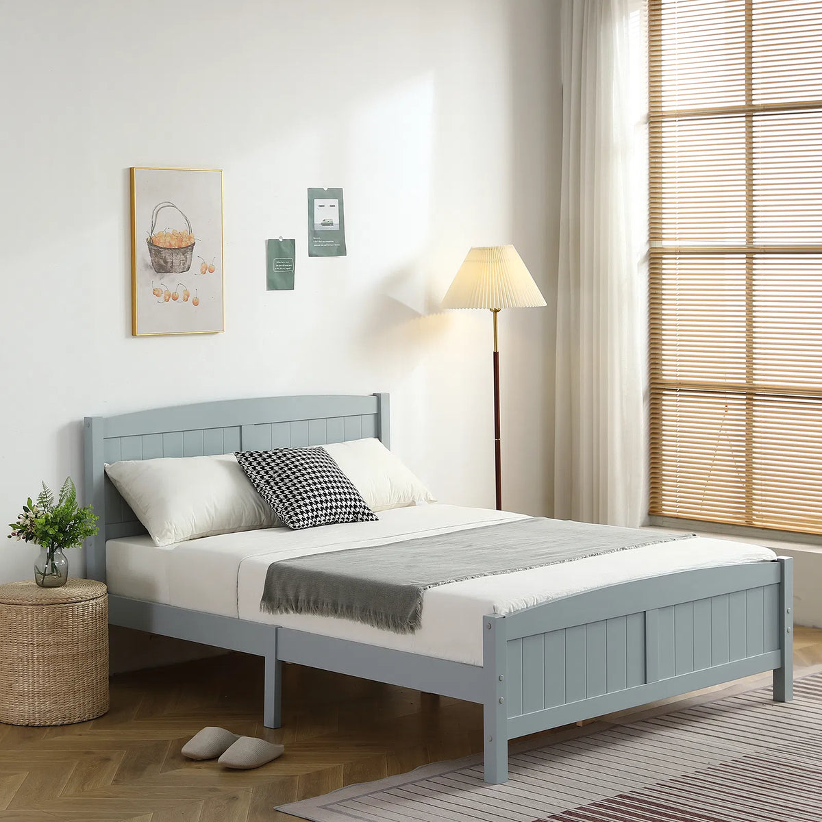 Full Single Bed Frame Vertical Striped Decorative Curved Headboard and Footboard Bed Frame Painted + Melamine Veneer &