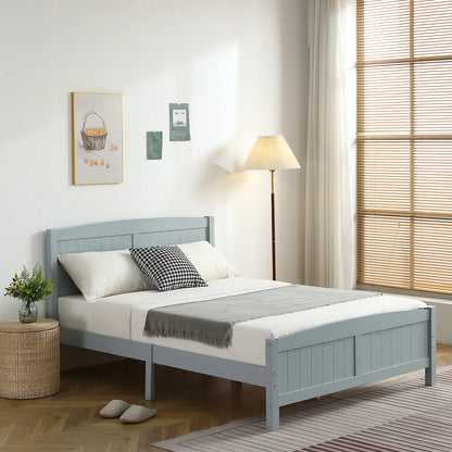 Full Single Bed Frame Vertical Striped Decorative Curved Headboard and Footboard Bed Frame Painted + Melamine Veneer &