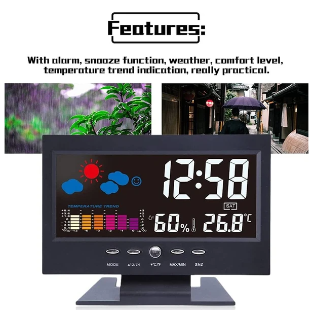 LED Digital Alarm Clock Snooze Calendar Thermometer Hygrometer Weather Display - view 3
