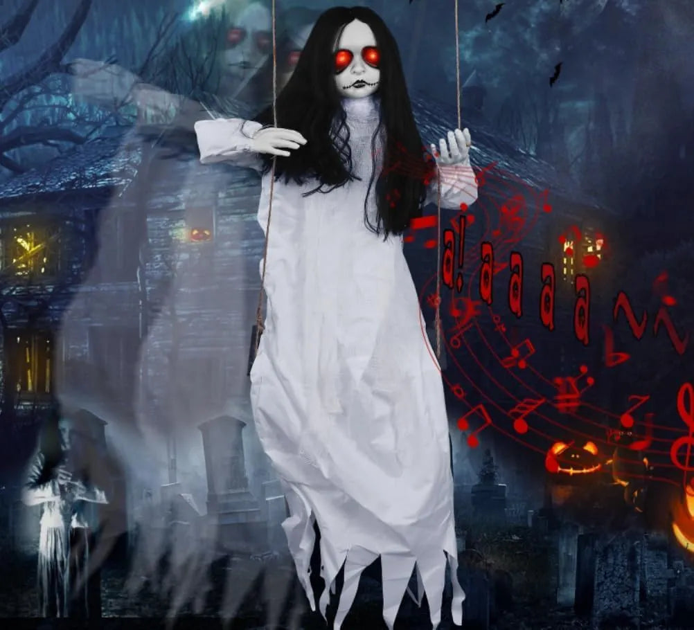 Scary Halloween Decorations Outdoor, Halloween Hanging Swinging Doll Girl with Sound & Slap Activated