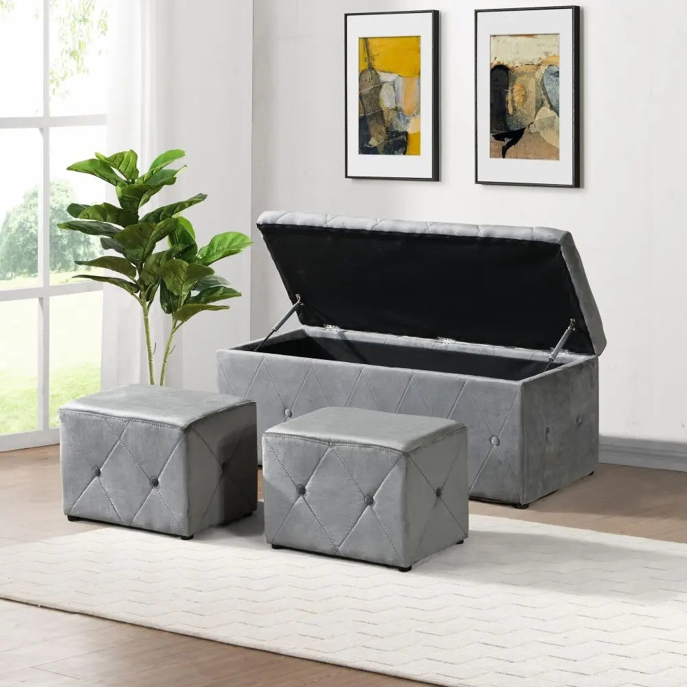 1 Piece Rectangular Storage Ottoman Fabric Linen With 2 Set Ottomans Beige - view 5