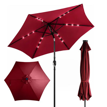 9ft Solar LED Patio Umbrella With Push Button Tilt & Crank, 6 Ribs Waterproof Polyester Outdoor Market Table Umbrella