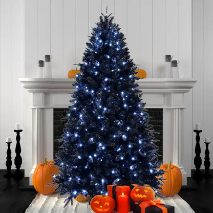 5ft Black Christmas Tree With 250 White LED Lights, 1076 Tips PE+PVC Artificial Tree For Halloween & Holiday Decor