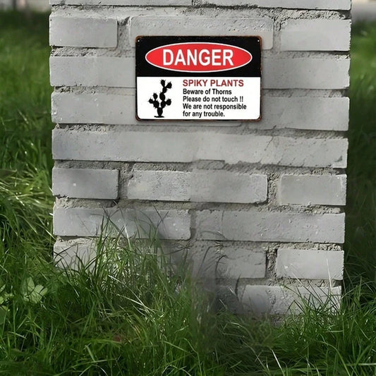 1pc Fun Spiky Plant Warning Sign, Cactus Danger Metal Plate, Heavy-Duty Aluminum Decor - view 2