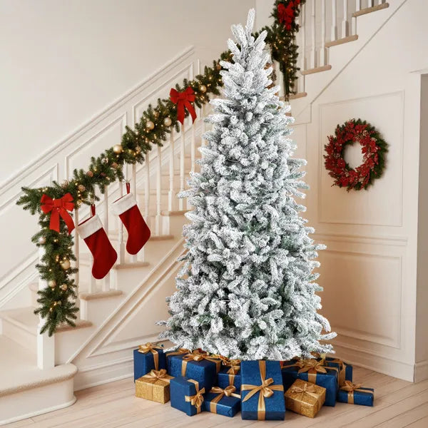 7 FT Snow Flocked Pre-lit Artificial Pencil Christmas Tree, Hinged Xmas Pine Tree With 1100 Branch Tips And 400 Lights - view 5