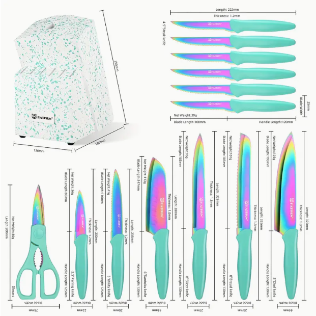 14-Piece Rainbow Colored High Carbon Stainless Steel Kitchen Knife Set, Titanium Coated Blade, Rust-Free & Super Sharp - view 8