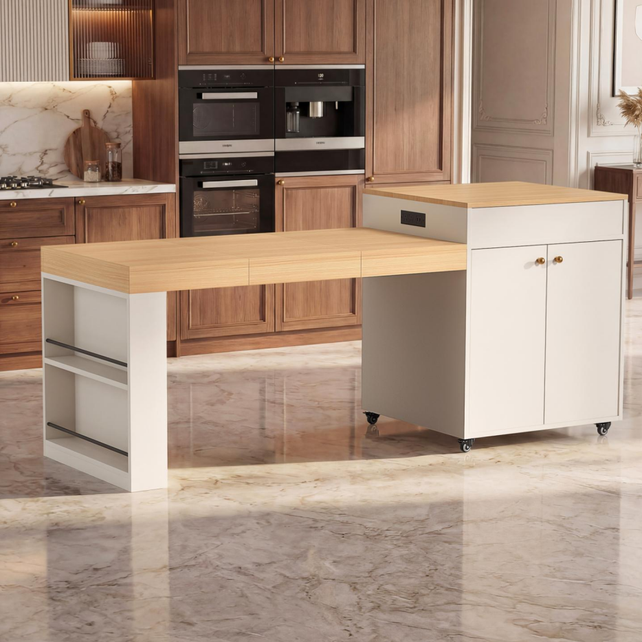 78.8inch Rolling Kitchen Island With 3-Stage Extendable Dining Table Seats 6-8, Built-in Power Outlet - view 6