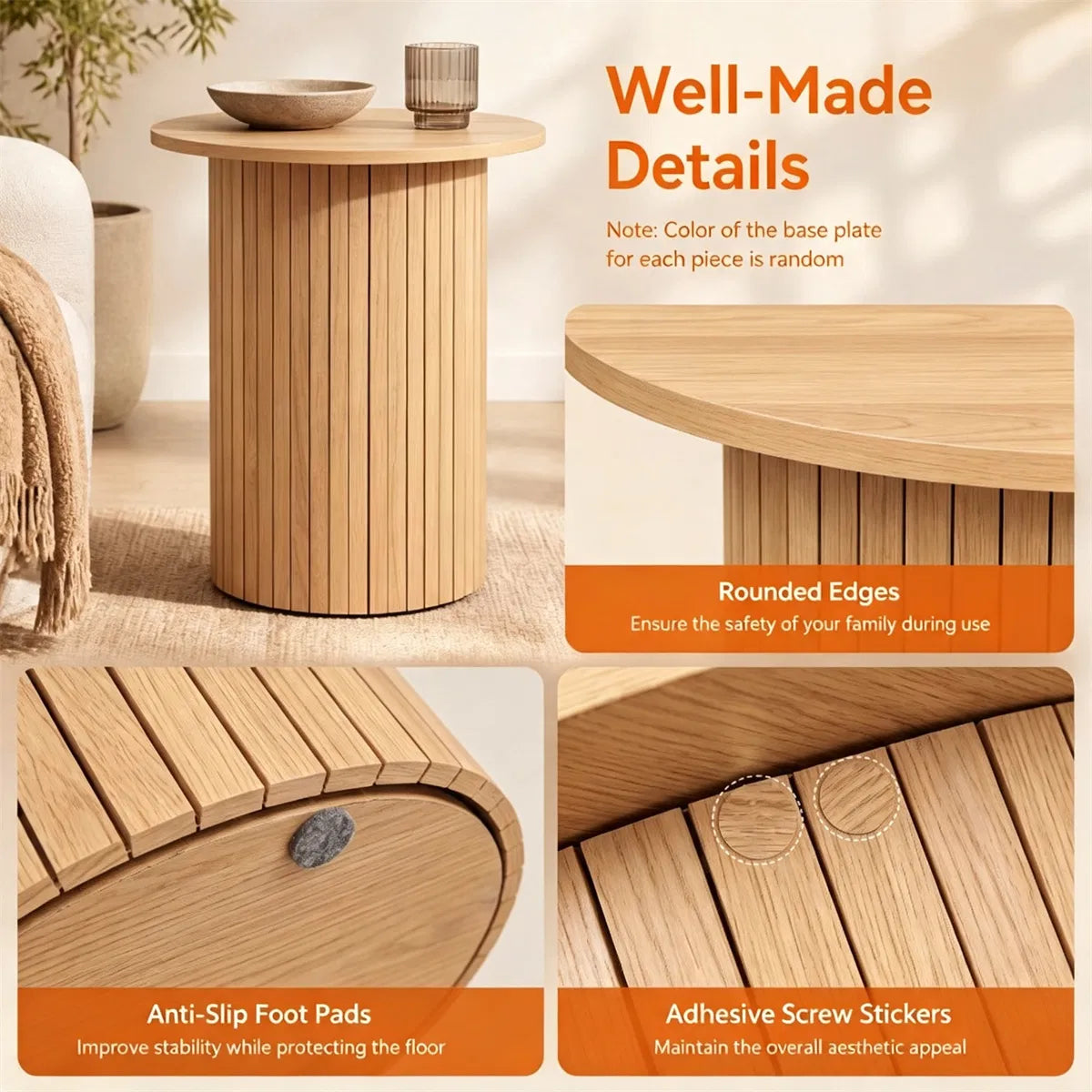 Minimalist Round Pedestal Side Table, Space-Saving Stable Nightstand with Rounded Edges & Anti-Slip Pads - view 3
